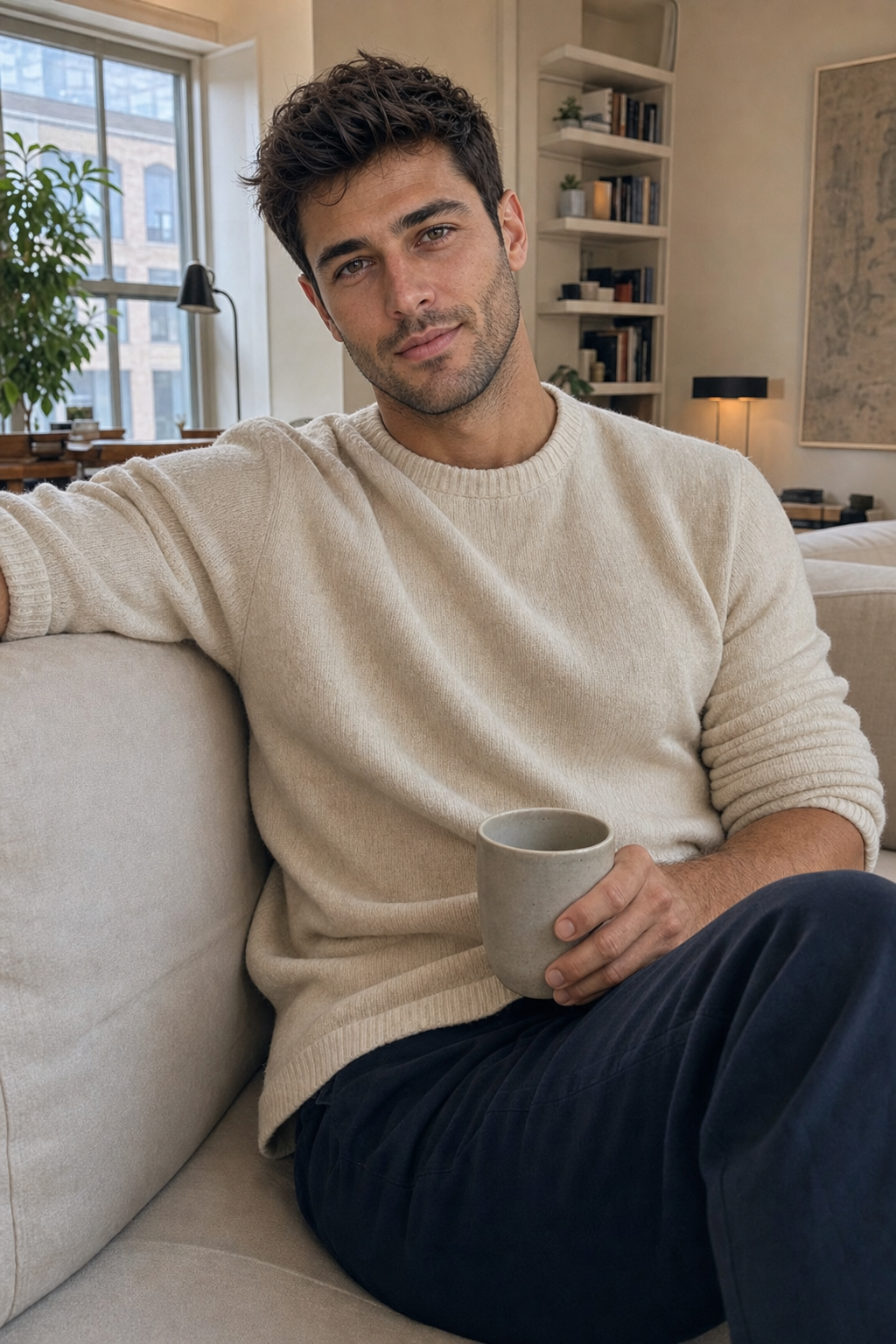 Luca Moretti seated in a warm apartment with coffee.
