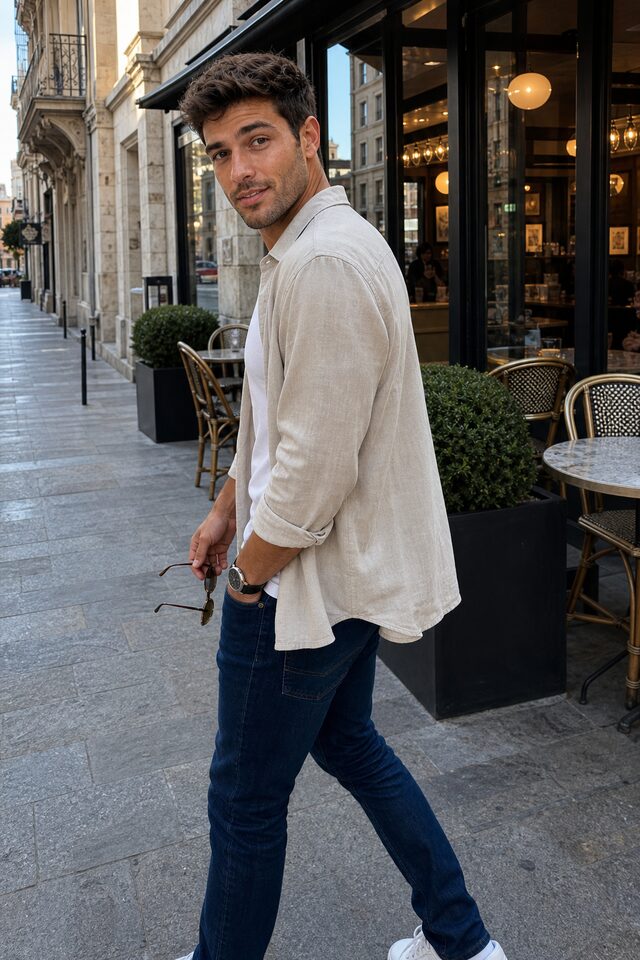 Luca Moretti walking near a city cafe in relaxed quiet luxury street style.