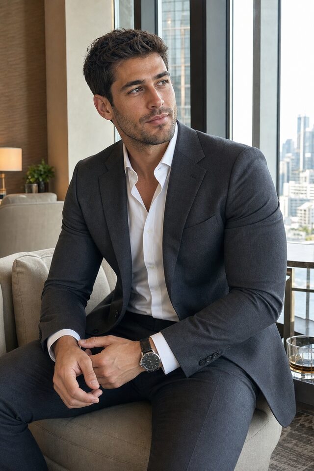 Luca Moretti seated in a charcoal suit in a quiet luxury hotel lounge.